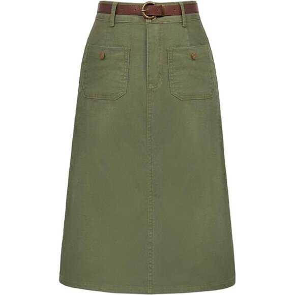 Denim Skirt with Belt Knee Length Jean Skirts Green - Picture 1 of 6